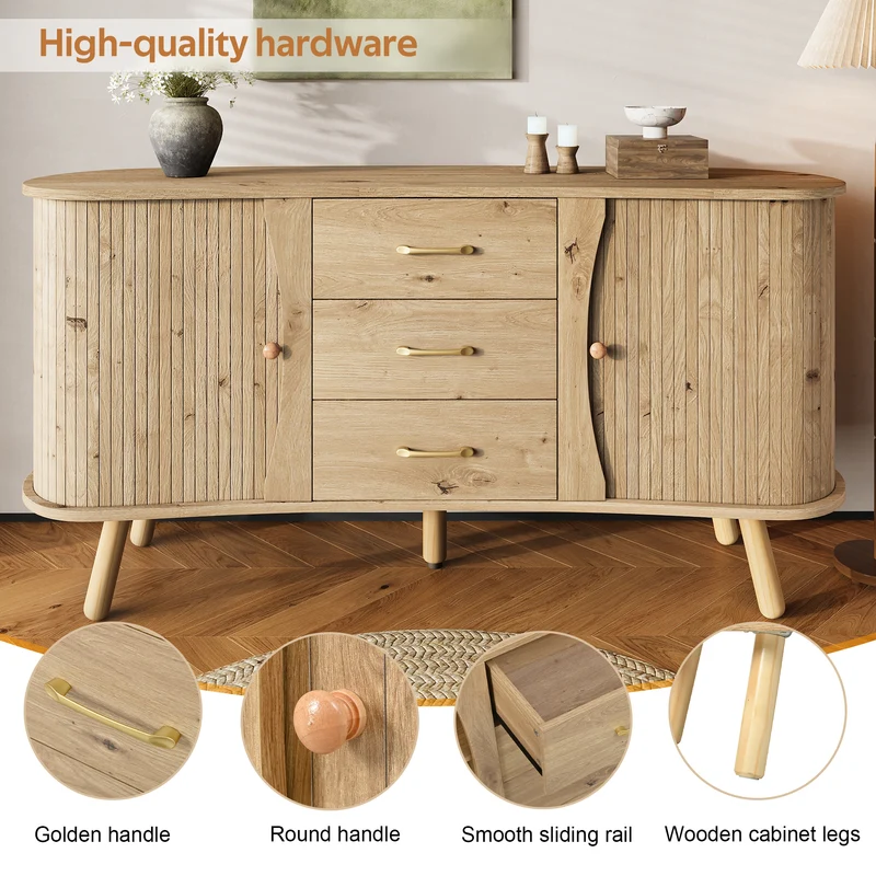 Buffet forme de pois effet bois naturel design latte 2 portes coulissantes 3 tiroirs TITANIUMTRAIL