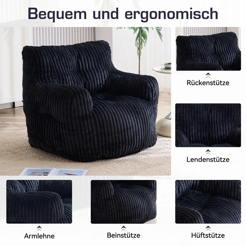 Fautueil poire pouf géant en velours côtelé noir mousse mémoire 100x94x70 cm ZINCZEPHYR