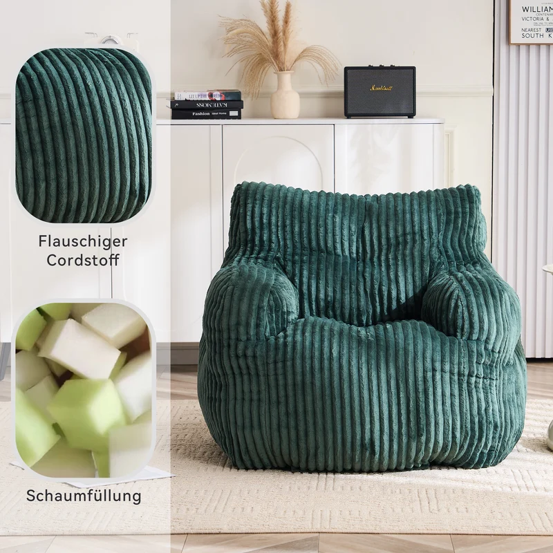 Fautueil poire pouf géant en velours côtelé vert sapin mousse mémoire 100x94x70 cm MAGNESIUMMIST