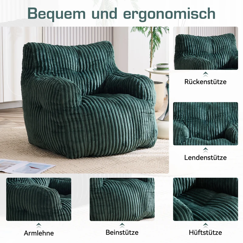 Fautueil poire pouf géant en velours côtelé vert sapin mousse mémoire 100x94x70 cm MAGNESIUMMIST