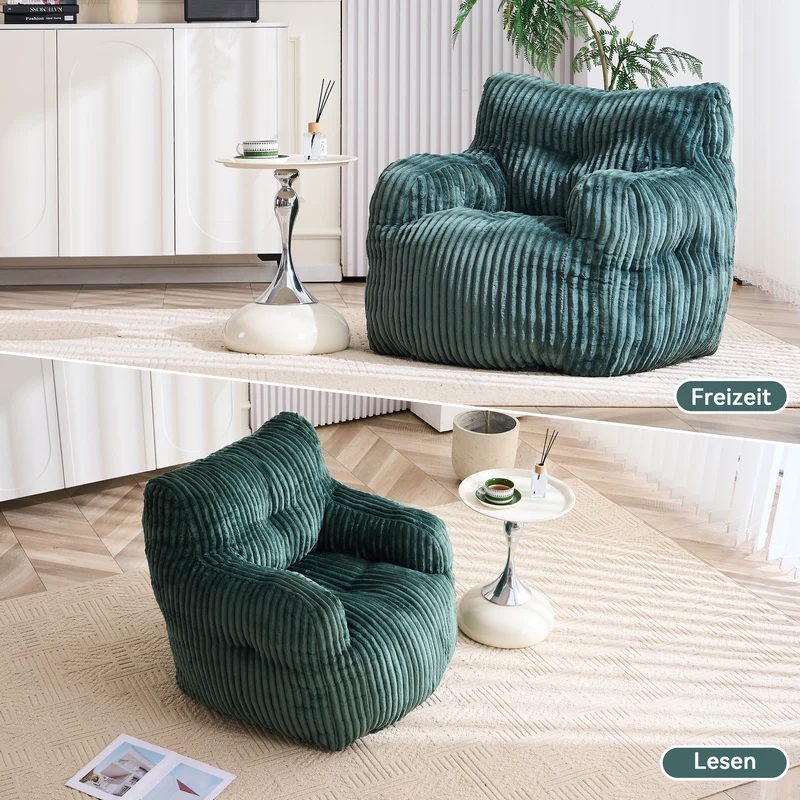 Fautueil poire pouf géant en velours côtelé vert sapin mousse mémoire 100x94x70 cm MAGNESIUMMIST