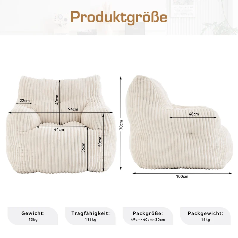 Fautueil poire pouf géant en velours côtelé beige mousse mémoire 100x94x70 cm ALUMINUMARIA