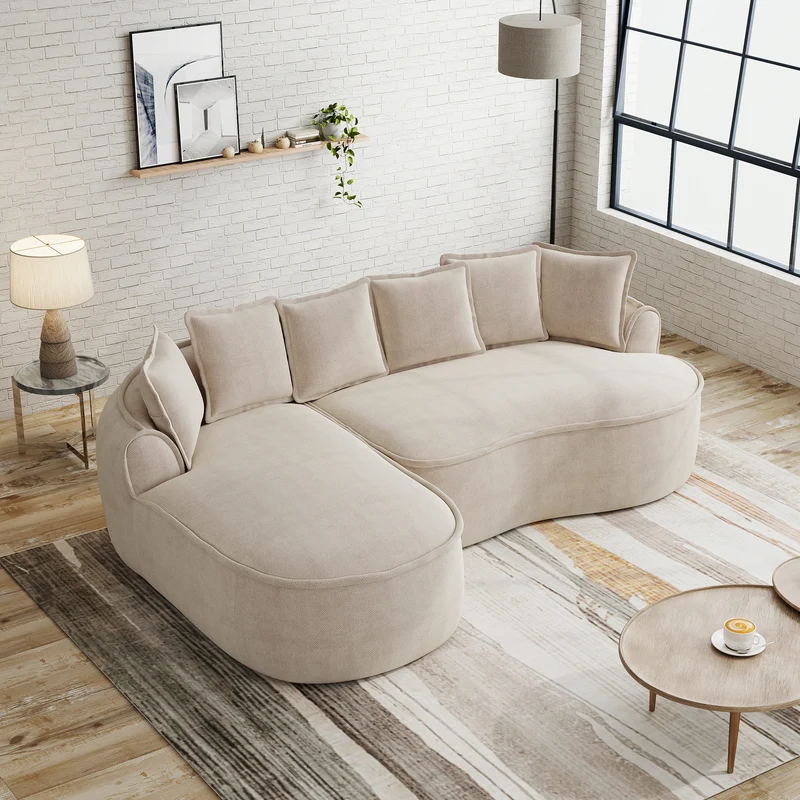 Ensemble de canapé modulable 3 places sans cadre en tissu chenille beige et table d'appoint ronde beige dorée CRYSTALNOVA+PHOENIXRISE