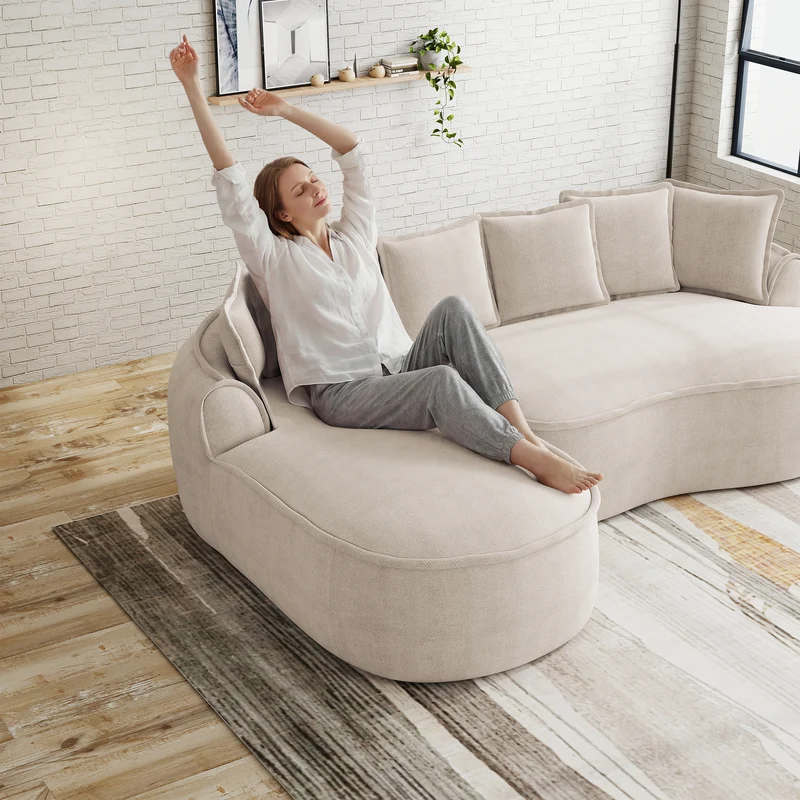 Ensemble de canapé modulable 3 places sans cadre en tissu chenille beige et table d'appoint ronde beige dorée CRYSTALNOVA+PHOENIXRISE