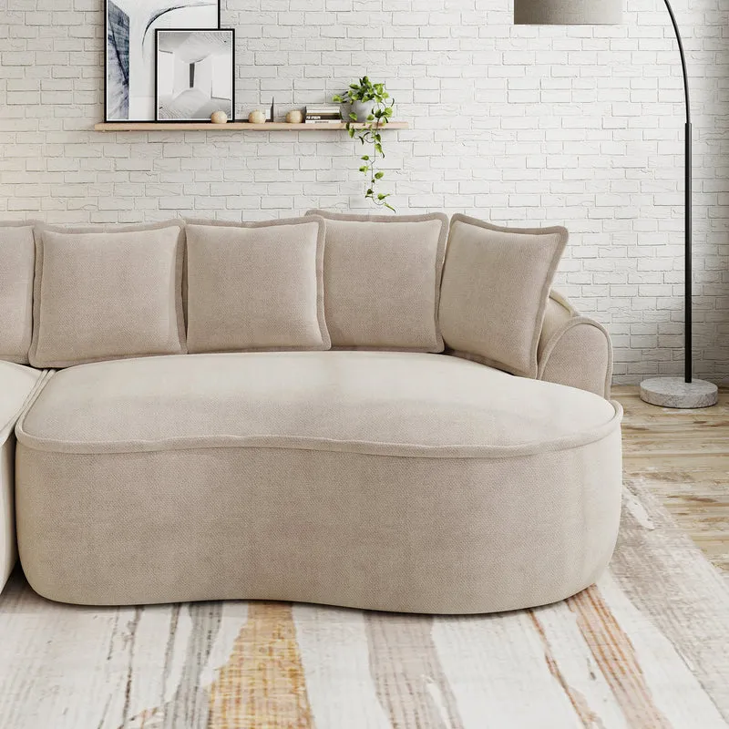 Ensemble de canapé modulable 3 places sans cadre en tissu chenille beige et table d'appoint ronde beige dorée CRYSTALNOVA+PHOENIXRISE