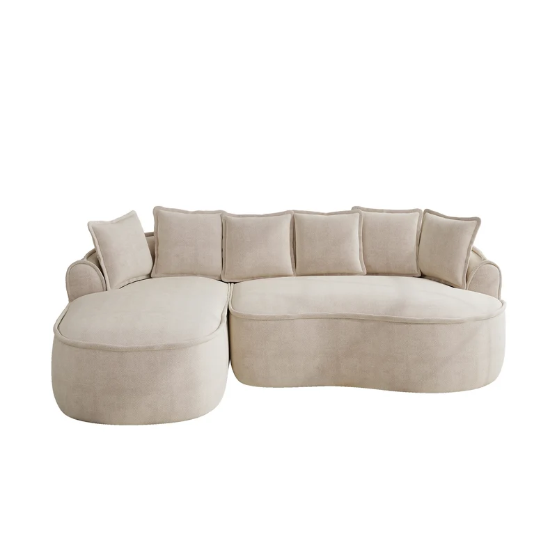 Ensemble de canapé modulable 3 places sans cadre en tissu chenille beige et table d'appoint ronde beige dorée CRYSTALNOVA+PHOENIXRISE
