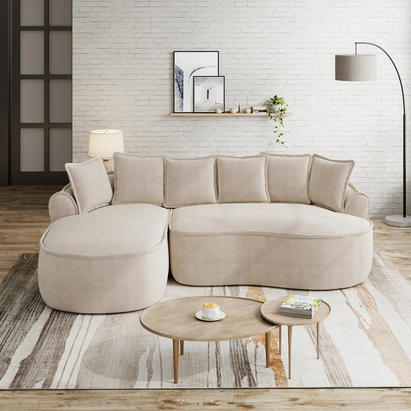 Ensemble de canapé modulable 3 places sans cadre en tissu chenille beige et table d'appoint ronde beige dorée CRYSTALNOVA+PHOENIXRISE