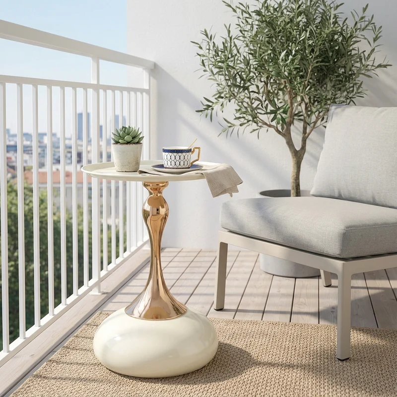 Ensemble de canapé modulable 3 places sans cadre en tissu chenille beige et table d'appoint ronde beige dorée CRYSTALNOVA+PHOENIXRISE