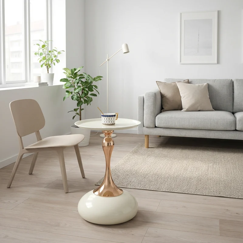 Ensemble de canapé modulable 3 places sans cadre en tissu chenille beige et table d'appoint ronde beige dorée CRYSTALNOVA+PHOENIXRISE