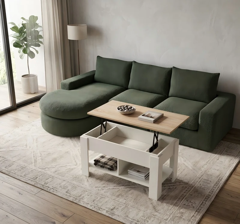 Ensemble de canapé modulable 3 places en chenille vert et table basse relevable effet blanc chêne VERTEXZORATHYNOR ELOT OAK