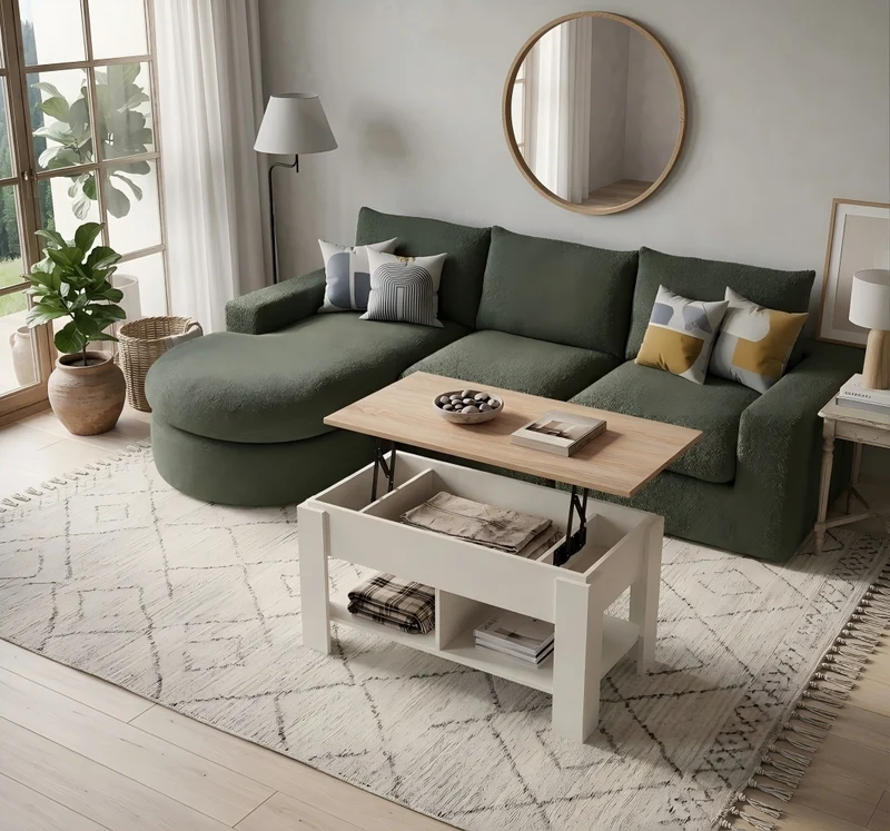 Ensemble de canapé modulable 3 places en chenille vert et table basse relevable effet blanc chêne VERTEXZORATHYNOR ELOT OAK