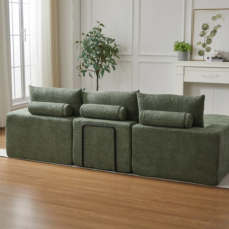 Ensemble de canapé modulable 3 places en chenille vert et table basse relevable effet blanc chêne VERTEXZORATHYNOR ELOT OAK