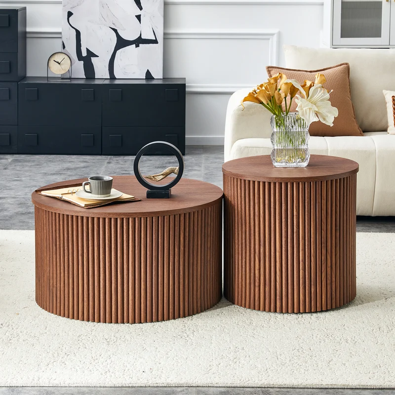Lot de 2 tables basses gigognes effet bois noyer design colonne romaine CASCADEVEXX