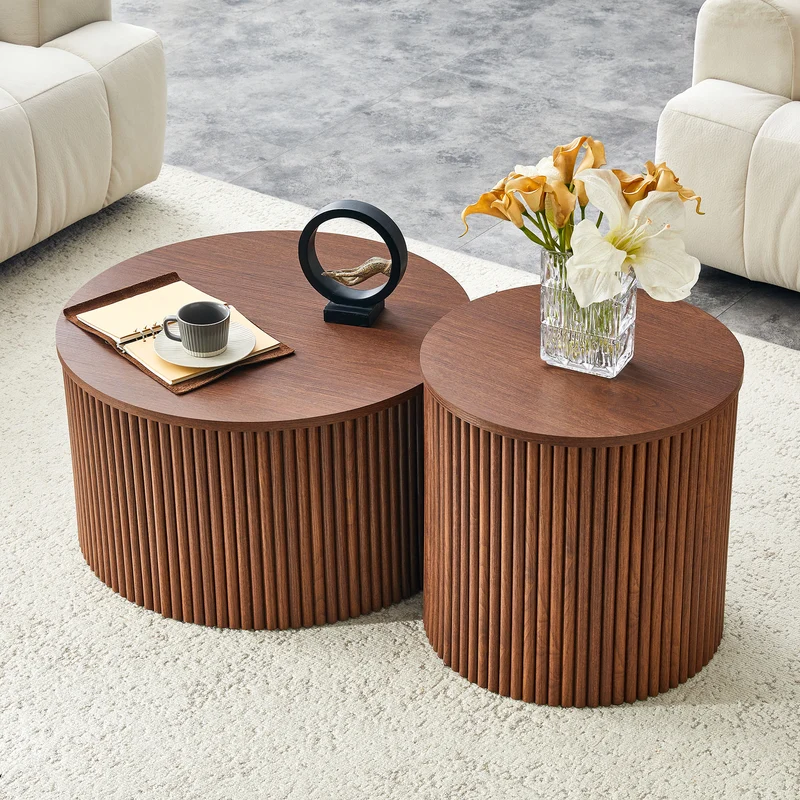 Lot de 2 tables basses gigognes effet bois noyer design colonne romaine CASCADEVEXX