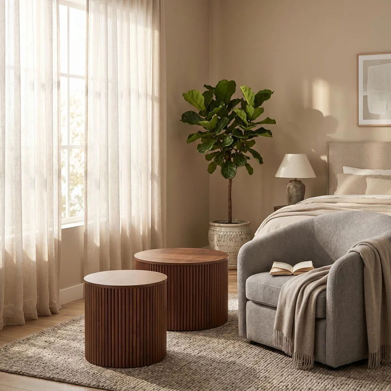 Lot de 2 tables basses gigognes effet bois noyer design colonne romaine CASCADEVEXX