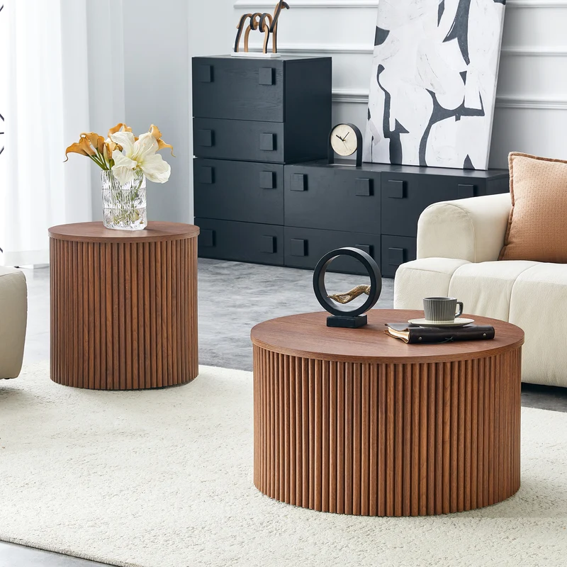 Lot de 2 tables basses gigognes effet bois noyer design colonne romaine CASCADEVEXX