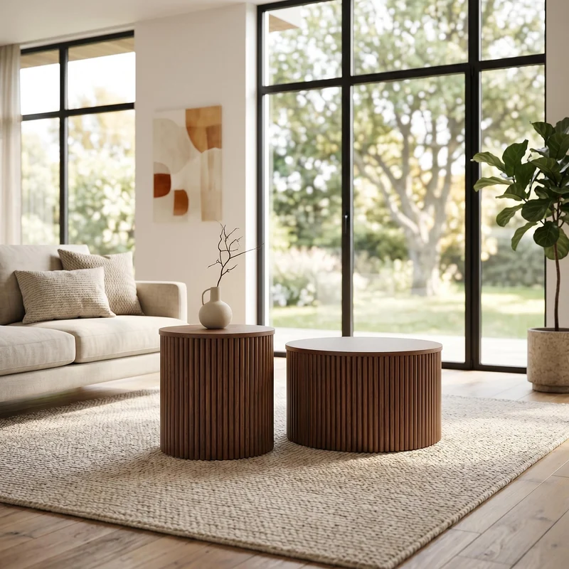 Lot de 2 tables basses gigognes effet bois noyer design colonne romaine CASCADEVEXX