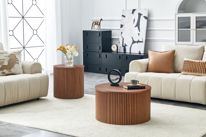 Lot de 2 tables basses gigognes effet bois noyer design colonne romaine CASCADEVEXX