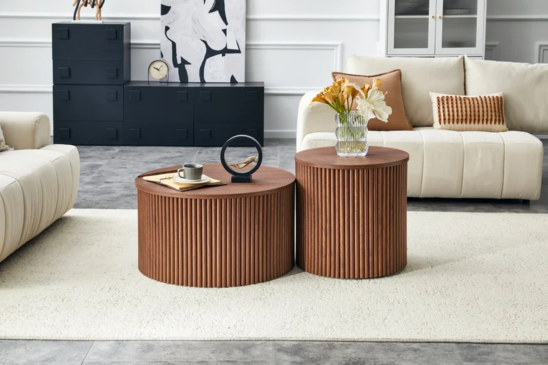 Lot de 2 tables basses gigognes effet bois noyer design colonne romaine CASCADEVEXX