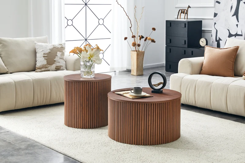 Lot de 2 tables basses gigognes effet bois noyer design colonne romaine CASCADEVEXX