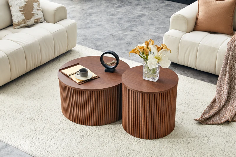Lot de 2 tables basses gigognes effet bois noyer design colonne romaine CASCADEVEXX