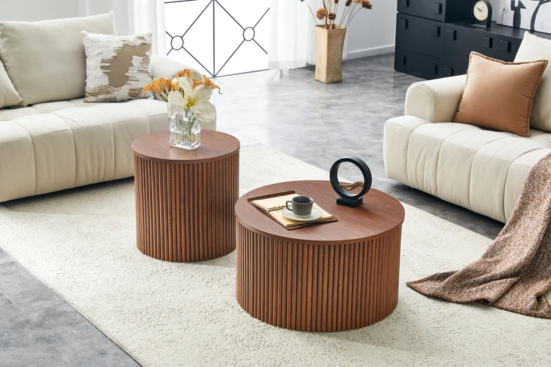 Lot de 2 tables basses gigognes effet bois noyer design colonne romaine CASCADEVEXX