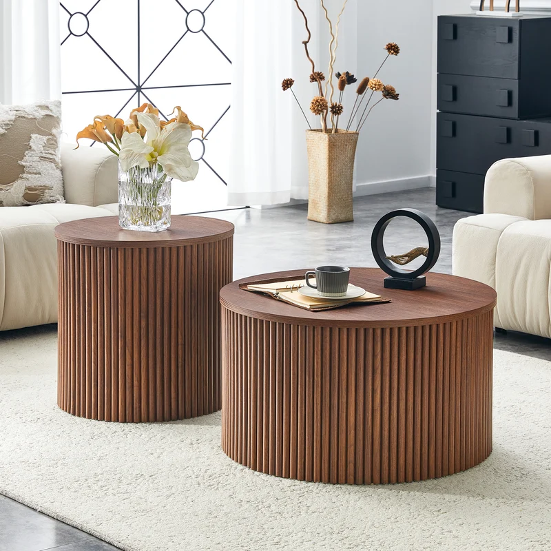 Lot de 2 tables basses gigognes effet bois noyer design colonne romaine CASCADEVEXX