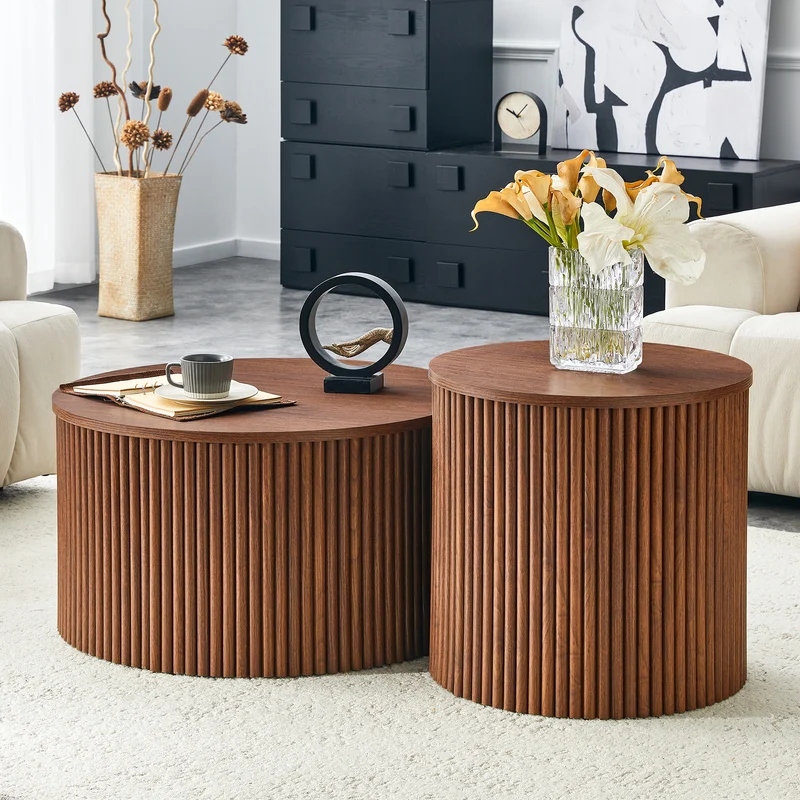 Lot de 2 tables basses gigognes effet bois noyer design colonne romaine CASCADEVEXX