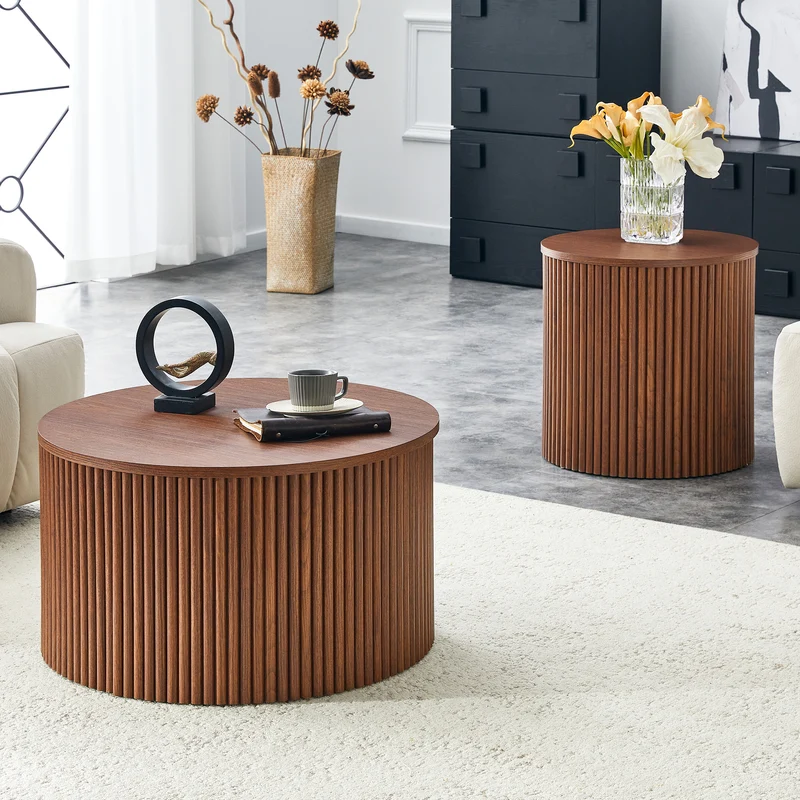 Lot de 2 tables basses gigognes effet bois noyer design colonne romaine CASCADEVEXX