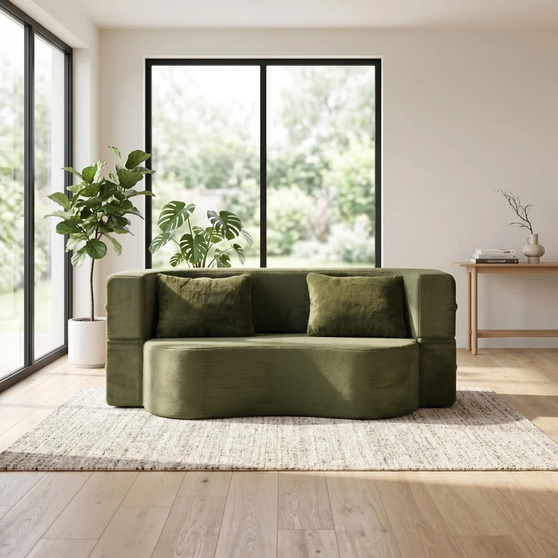 Canapé-lit 2 places convertible incurvé en velours vert olive 180x55cm, sans montage CASCADERIFTZ