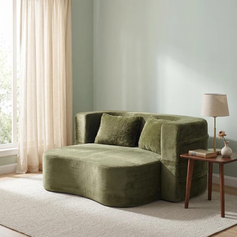 Canapé-lit 2 places convertible incurvé en velours vert olive 180x55cm, sans montage CASCADERIFTZ