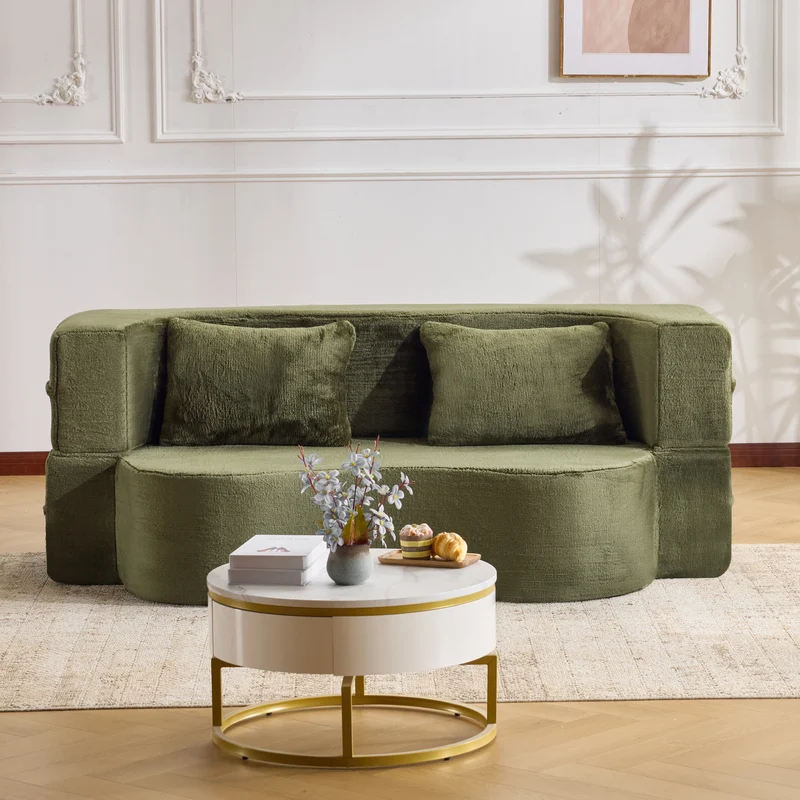 Canapé-lit 2 places convertible incurvé en velours vert olive 180x55cm, sans montage CASCADERIFTZ