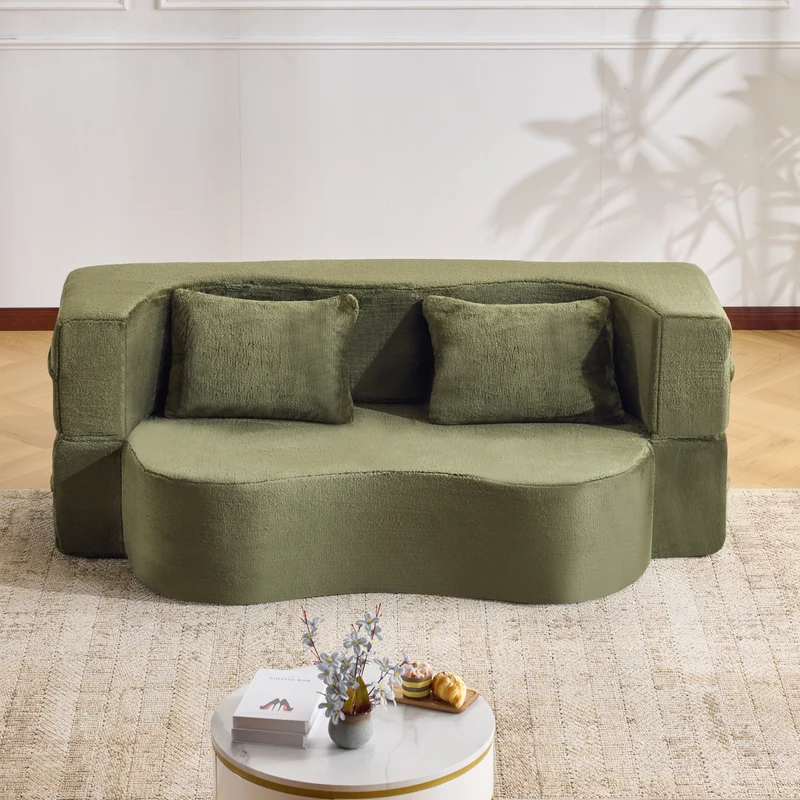 Canapé-lit 2 places convertible incurvé en velours vert olive 180x55cm, sans montage CASCADERIFTZ
