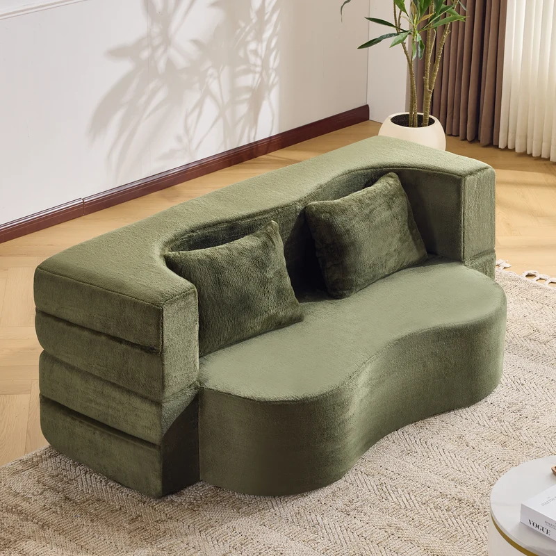 Canapé-lit 2 places convertible incurvé en velours vert olive 180x55cm, sans montage CASCADERIFTZ