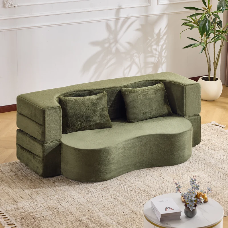 Canapé-lit 2 places convertible incurvé en velours vert olive 180x55cm, sans montage CASCADERIFTZ