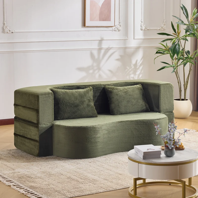 Canapé-lit 2 places convertible incurvé en velours vert olive 180x55cm, sans montage CASCADERIFTZ