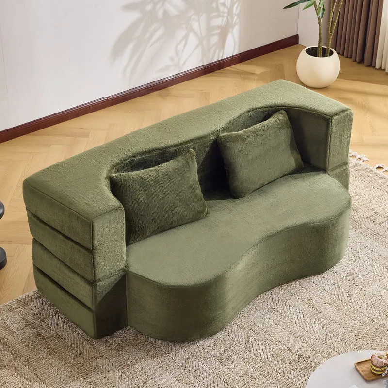 Canapé-lit 2 places convertible incurvé en velours vert olive 180x55cm, sans montage CASCADERIFTZ