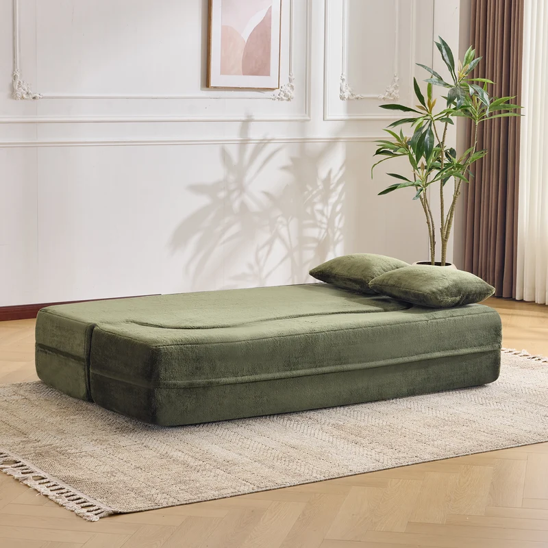 Canapé-lit 2 places convertible incurvé en velours vert olive 180x55cm, sans montage CASCADERIFTZ