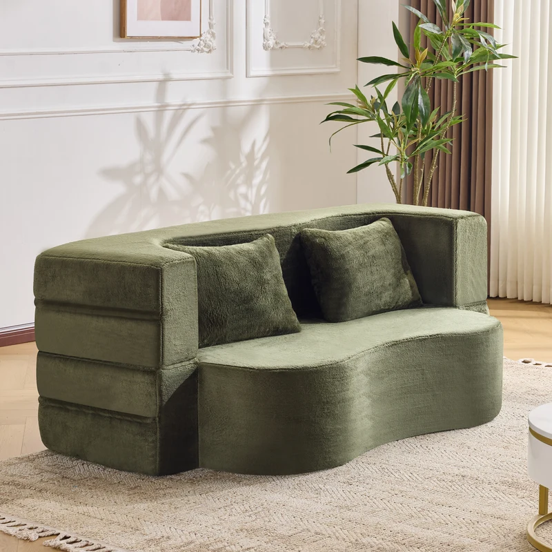 Canapé-lit 2 places convertible incurvé en velours vert olive 180x55cm, sans montage CASCADERIFTZ