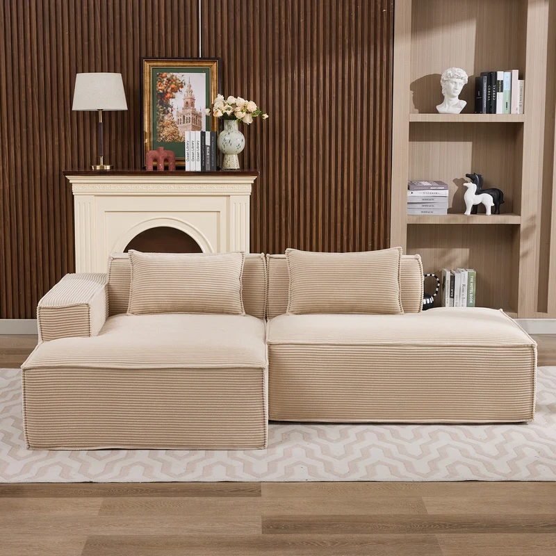 Canapé d'angle 3 places en velours côtelé beige design panoramique (235 cm) CASCADECLAR