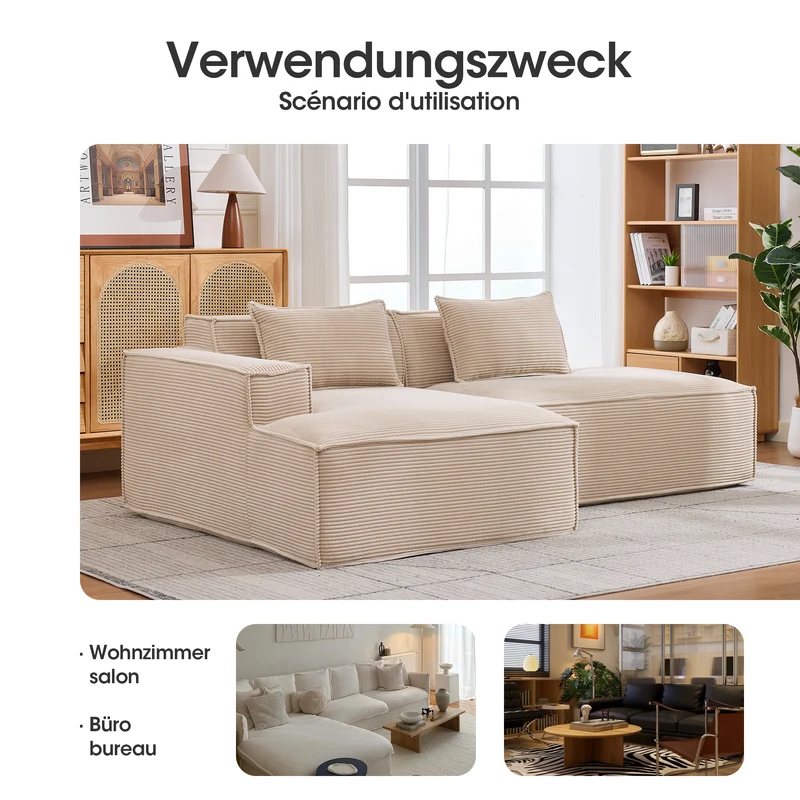 Canapé d'angle 3 places en velours côtelé beige design panoramique (235 cm) CASCADECLAR