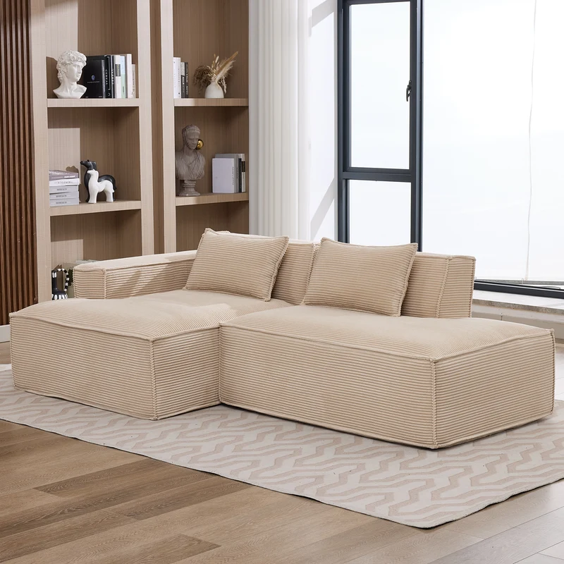 Canapé d'angle 3 places en velours côtelé beige design panoramique (235 cm) CASCADECLAR
