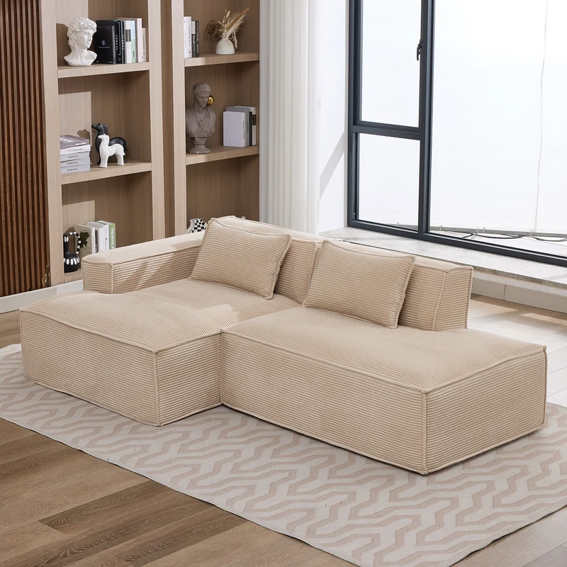 Canapé d'angle 3 places en velours côtelé beige design panoramique (235 cm) CASCADECLAR