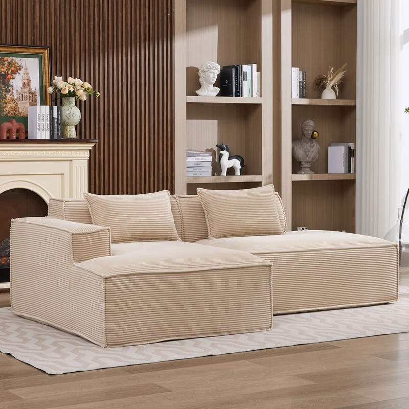 Canapé d'angle 3 places en velours côtelé beige design panoramique (235 cm) CASCADECLAR