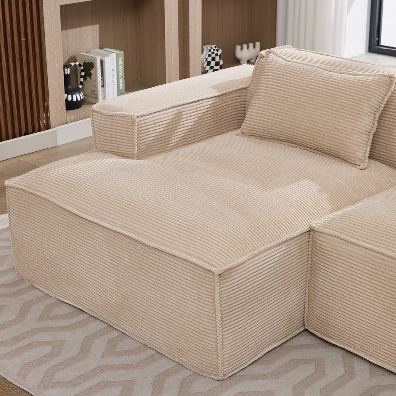 Canapé d'angle 3 places en velours côtelé beige design panoramique (235 cm) CASCADECLAR