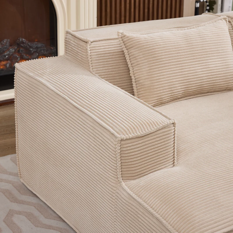 Canapé d'angle 3 places en velours côtelé beige design panoramique (235 cm) CASCADECLAR