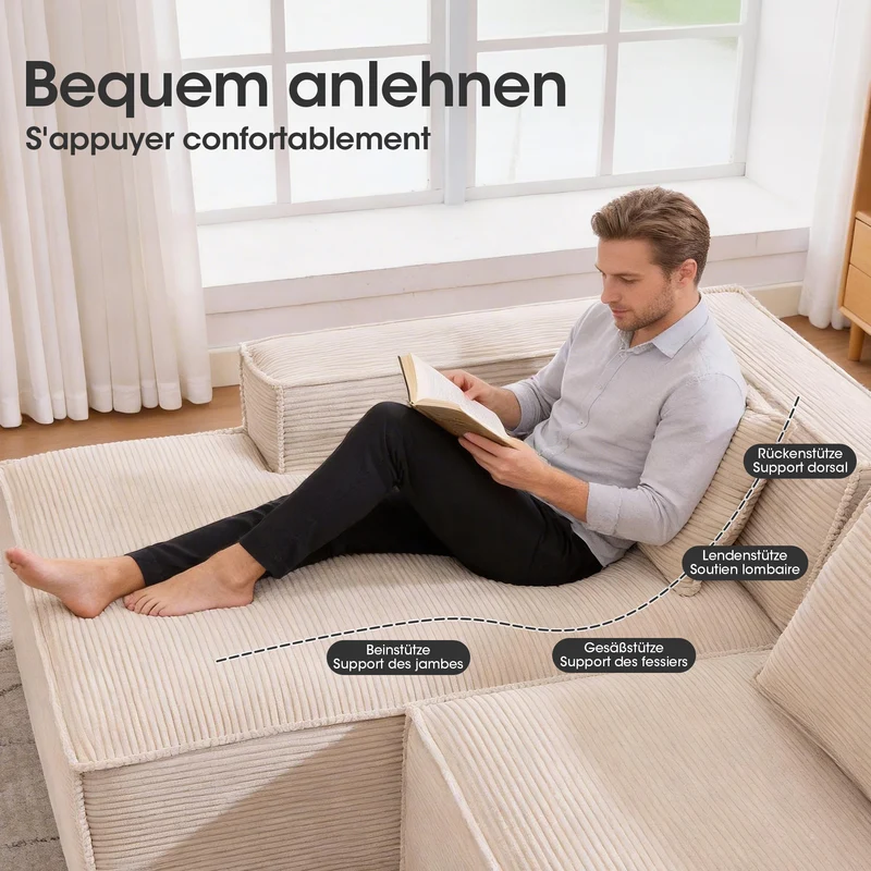 Canapé d'angle 3 places en velours côtelé beige design panoramique (235 cm) CASCADECLAR