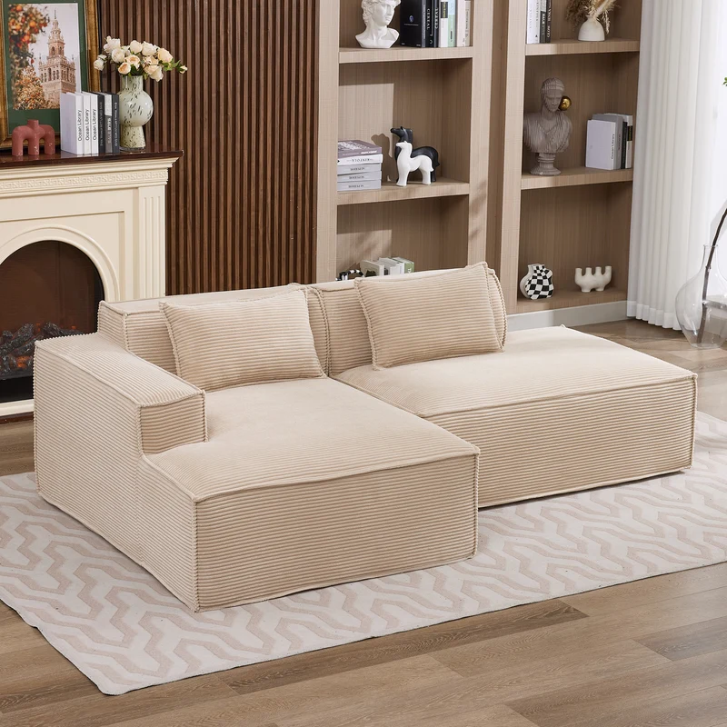 Canapé d'angle 3 places en velours côtelé beige design panoramique (235 cm) CASCADECLAR