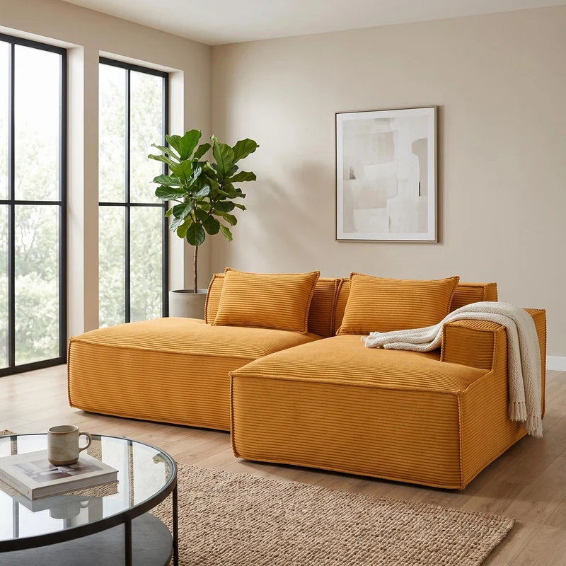 Canapé d'angle 3 places en velours côtelé orange design panoramique (235 cm) CASCADEMERI