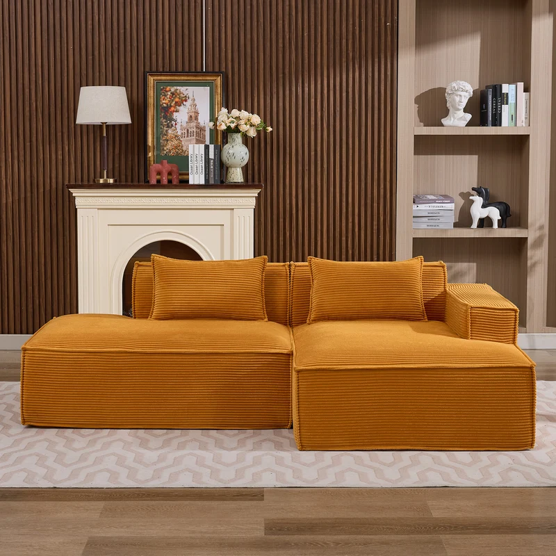 Canapé d'angle 3 places en velours côtelé orange design panoramique (235 cm) CASCADEMERI